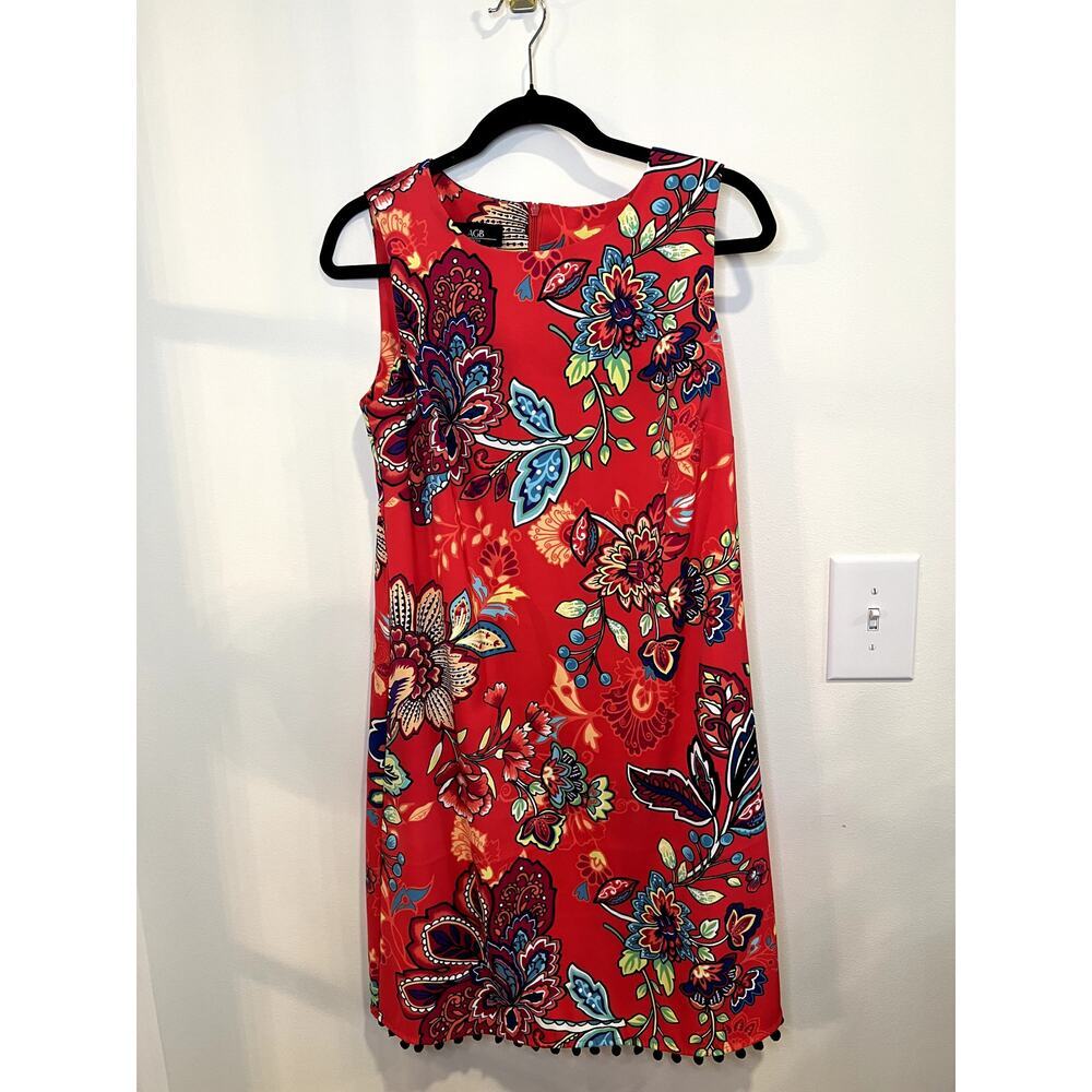AGB Floral Shift Dress Size 10 Sleeveless Boho Paisley Pom Trim Summer Dress